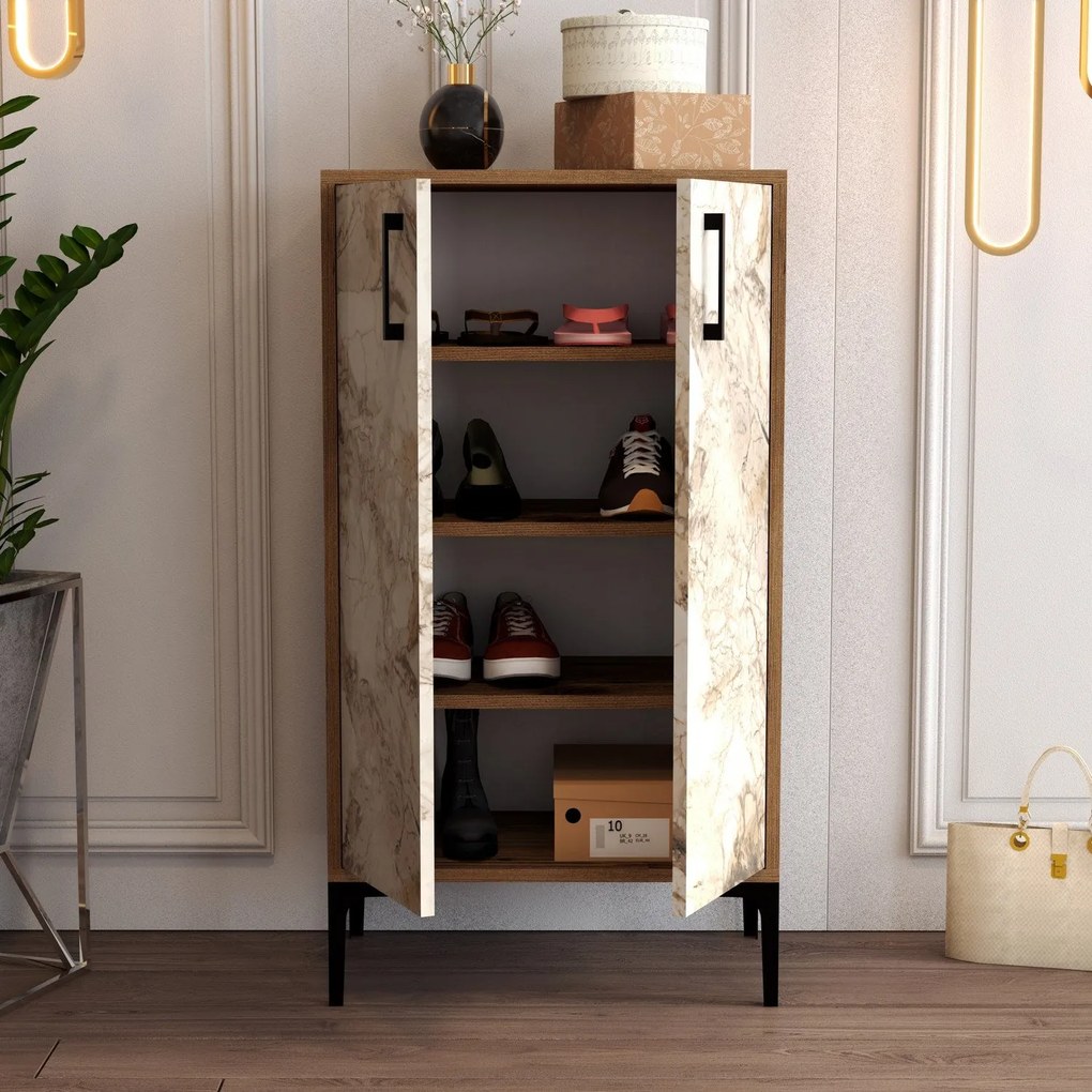 Comodă pentru pantofi Prag - Walnut, White Marble