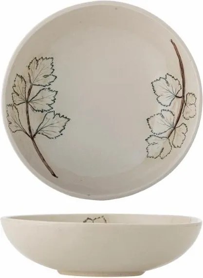 Bol din ceramică artizanală natur cu finisaj antichizat și motive botanice cu frunze, 26×7 cm, "Aubrin"