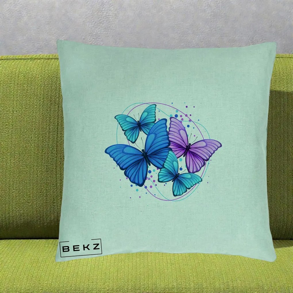 Perna Decorativa Patru Fluturi Turcoaz-Violet, 40x40 cm, Verde Menta, Husa Detasabila, Perna Inclusa, BEKZ®