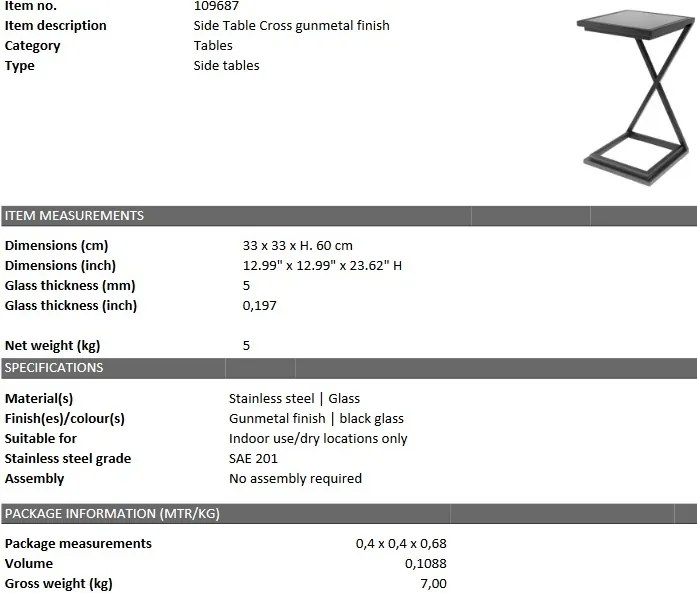 Masuta de cafea design LUX Cross, gunmetal 33x33cm 109687 HZ