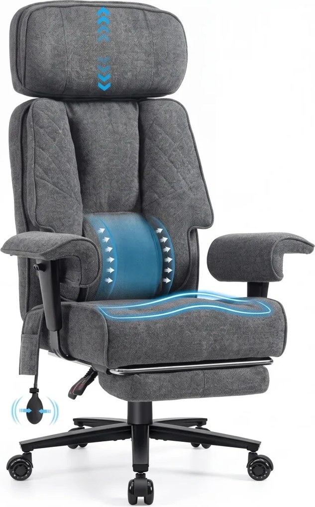 Aerion Comfort — Scaun directorial premium, Suport lombar reglabil cu aer, Tetieră reglabilă, Cotiere reglabile, Reclinare 155°, Suport pentru picioare, Gri