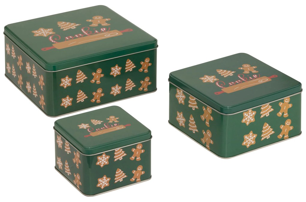 Containere metalice pentru biscuiți, 3 bucăți, verde