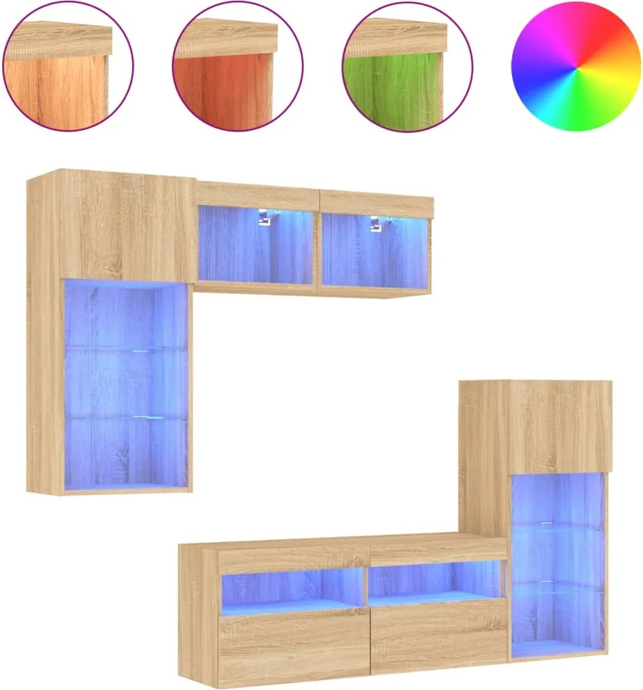 vidaXL Unități de perete TV cu LED-uri, 5 piese, stejar sonoma, lemn