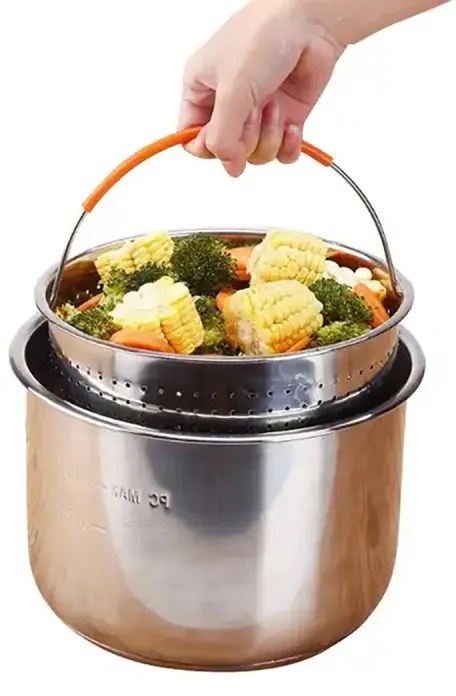 Cos pentru prajit si gatit la aburi Izibizi SSST-IZB-06, 3.2 L, Maner detasabil, Separator, Inox/Portocaliu