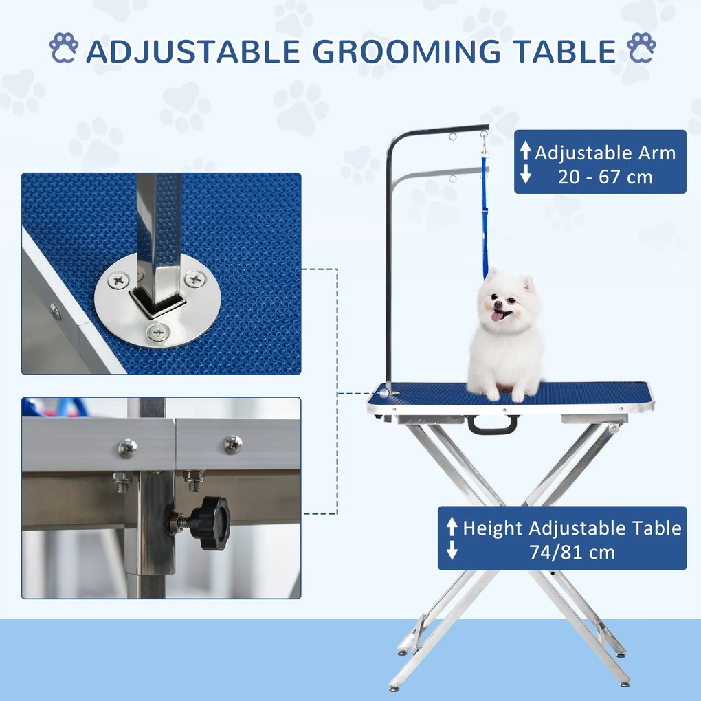 PawHut Masa de Toaleta Pliabila cu Maner Integrat, Brat Reglabil si Lesa, 70x45x74-81cm, Albastra | Aosom Romania