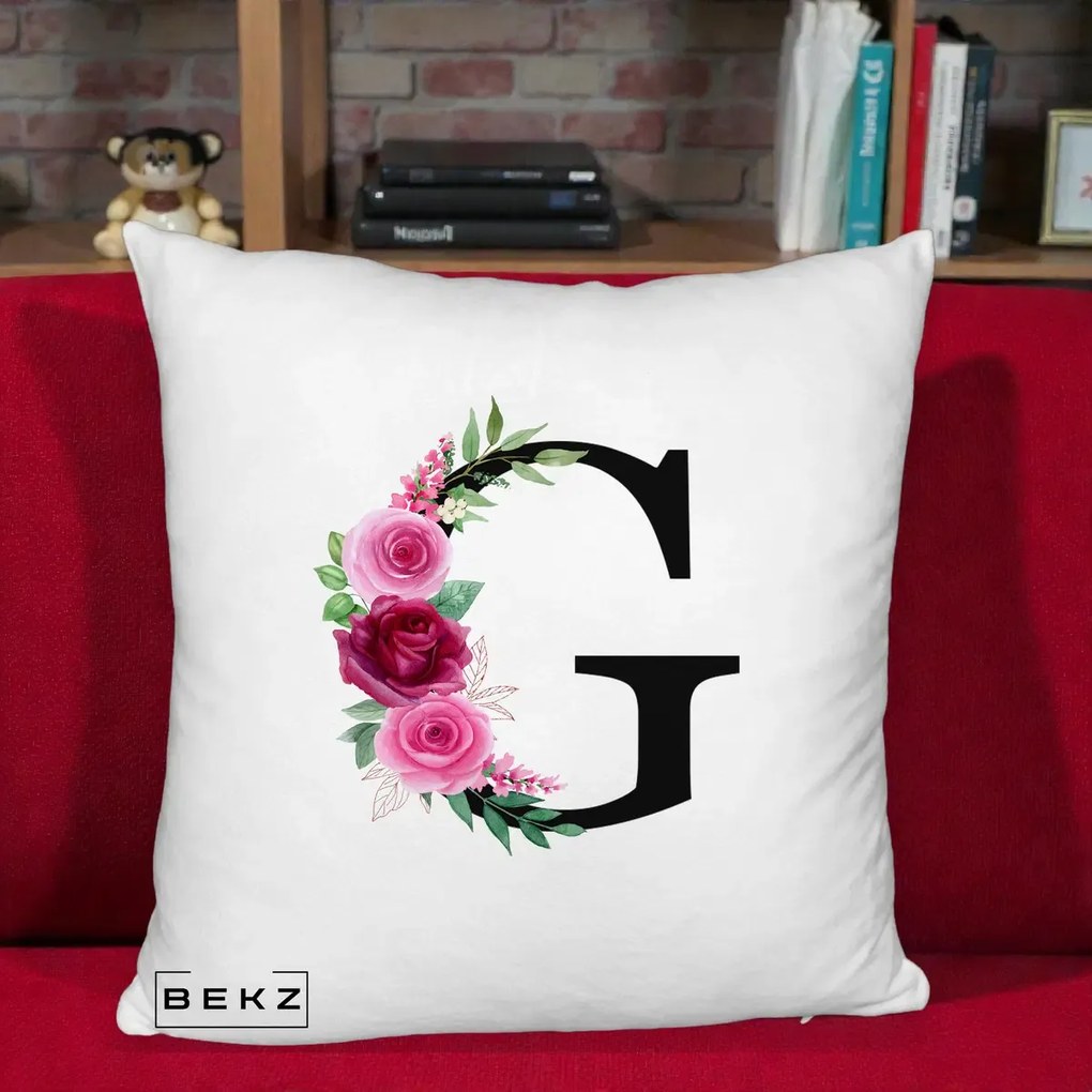 Cadou Personalizat - Perna Personalizata Monograma Florala Litera G, 40x40 cm, Alb Pufos, Husa Detasabila, Perna Inclusa, BEKZ®