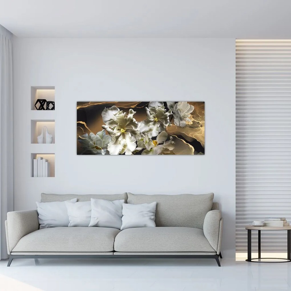 Tablou - Flori de orhidee pe fundal de marmură (120x50 cm)