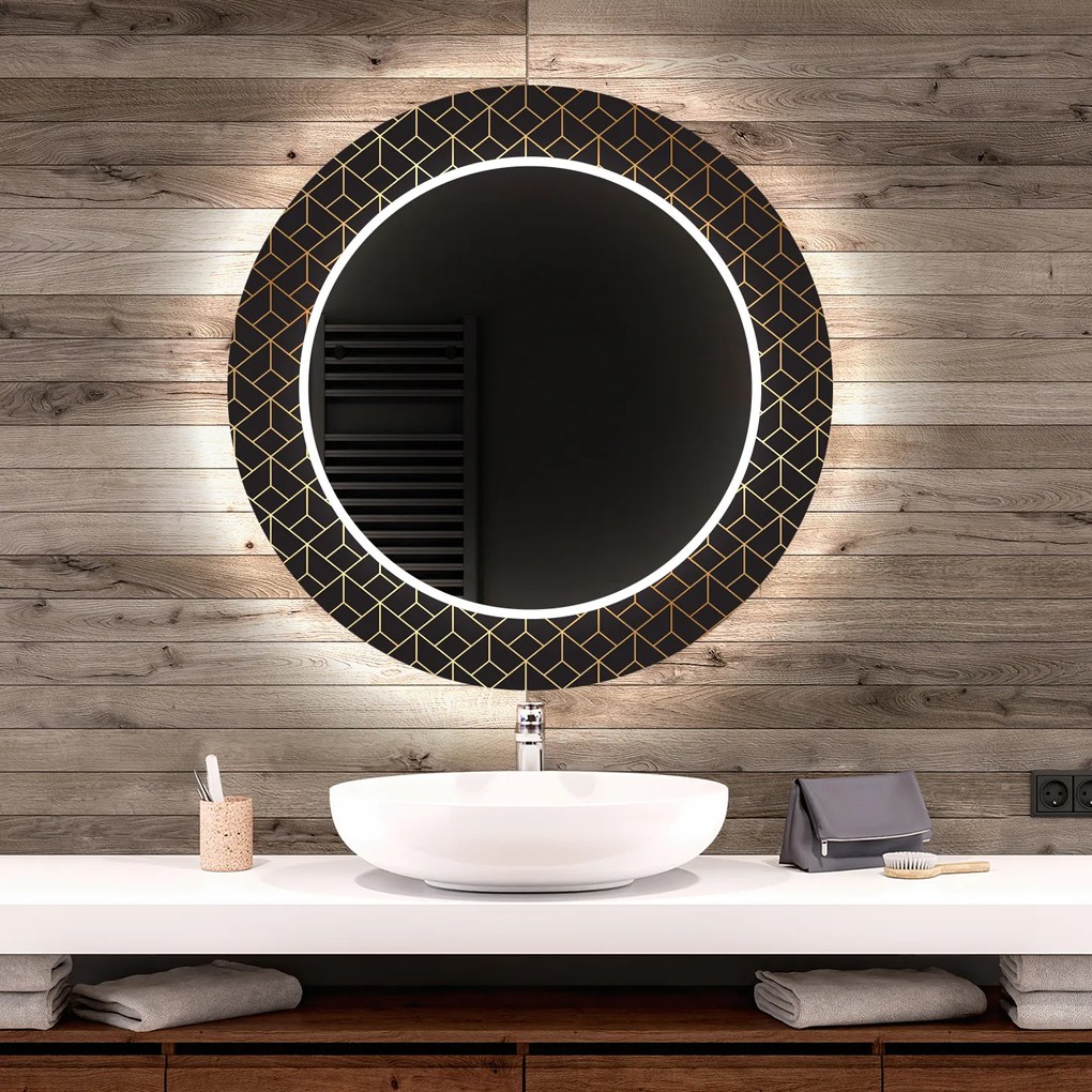 Oglindă rotundă decorativă cu iluminare de fundal pentru baie - Golden Lines