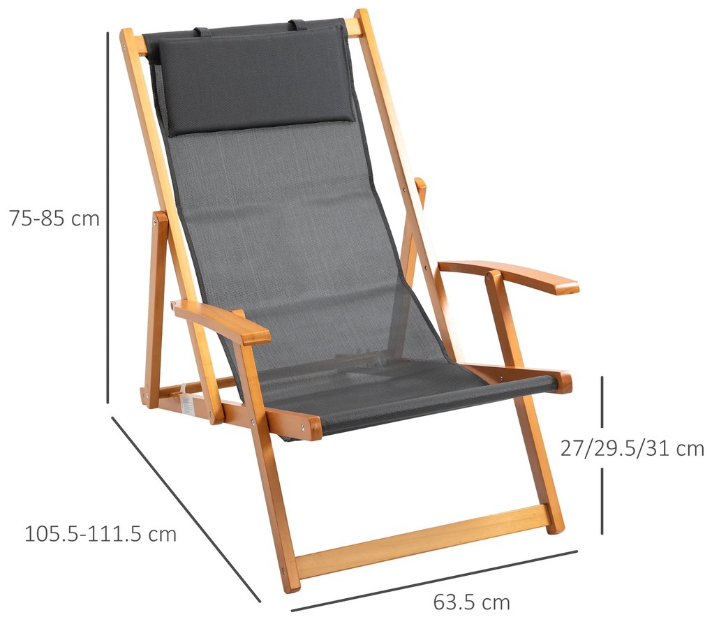 Outsunny Set de 2 Sezlonguri de Gradina Pliabile cu Spatar Reglabil pe 3 Niveluri, Sezlong pentru Plaja din Lemn si Tesatura Plasa, Gri