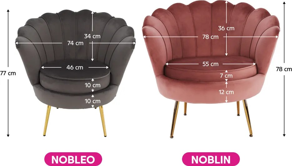 Fotoliu în stil Art-deco, catifea Velvet roz/crom auriu, NOBLIN