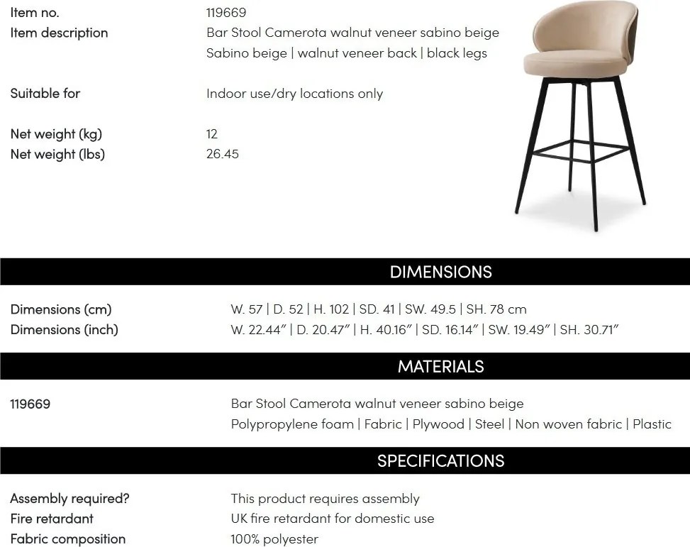 Scaun de bar design elegant LUX Camerota, Sabino beige