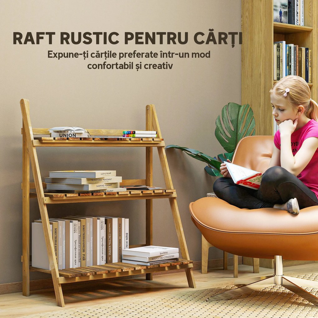 Outsunny Suport pentru Plante Pliabil, Jardinieră cu 3 Niveluri, Raft de Exterior pentru Plante, 80x37x93 cm, Lemn Natural | Aosom Romania