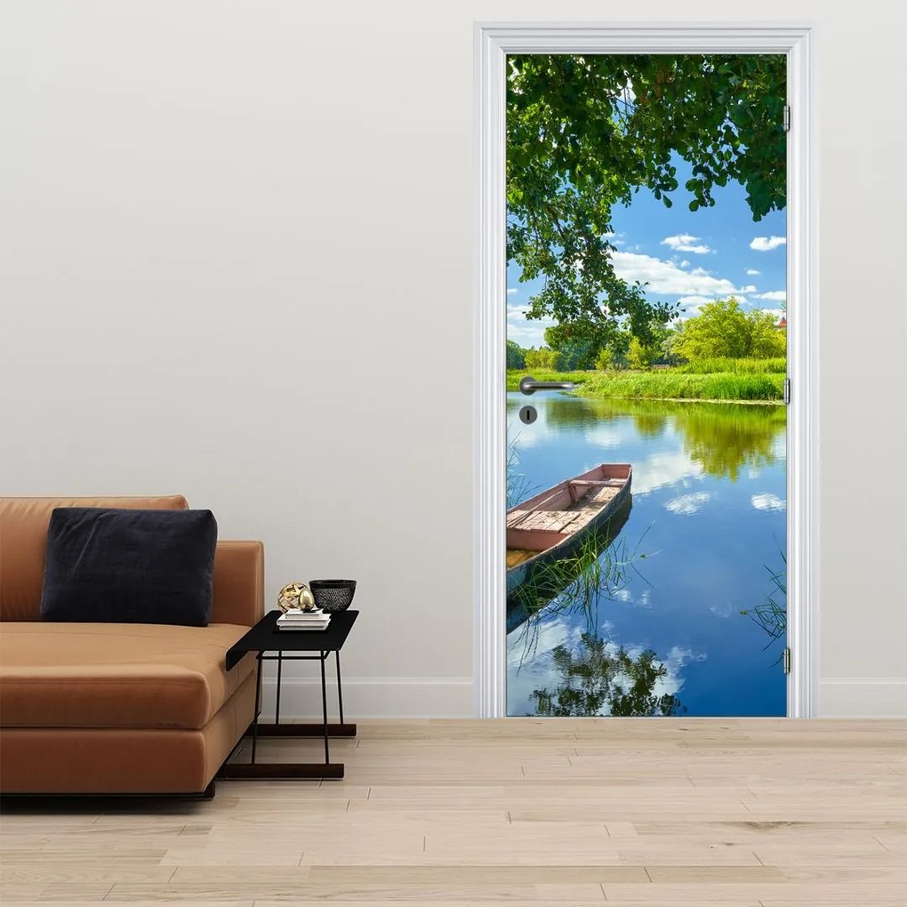Fototapet pentru ușă - Râu de vară cu o barcă (95x205cm)
