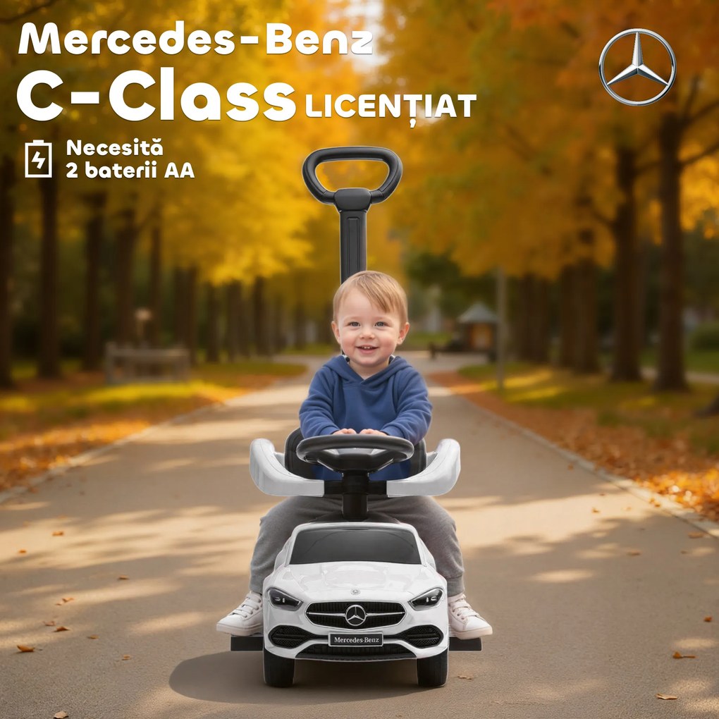 AIYAPLAY Mașină de Călărit pentru Copii 1-3 Ani Convertibilă în Cărucior cu Licență Mercedes, 91x40x83 cm, Alb | Aosom Romania