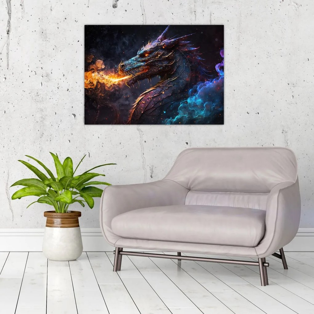 Tablou pe sticlă - Dragon scuipând flăcări (70x50 cm)