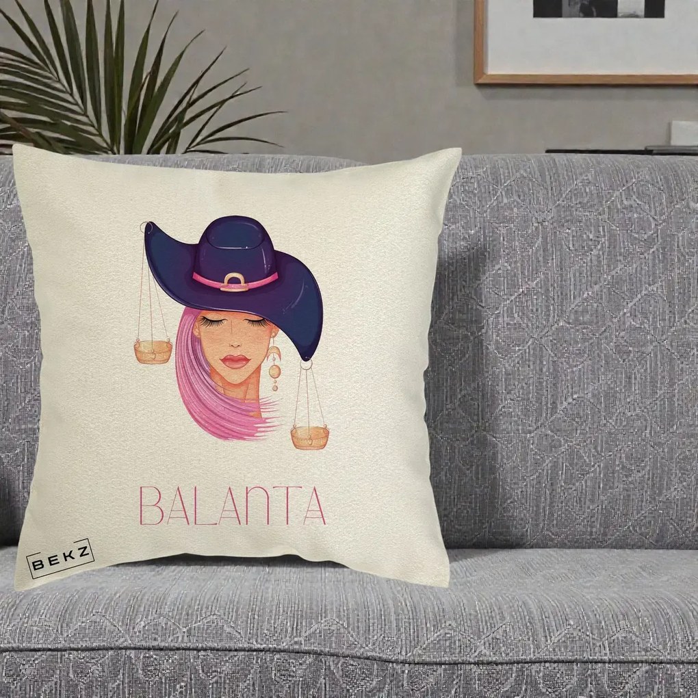 Perna Personalizata Zodiac Balanta Cowgirl, 40x40 cm, Ecru, Husa Detasabila, Perna Inclusa, BEKZ®