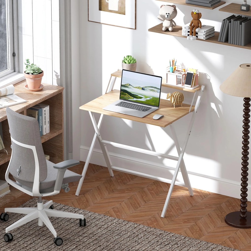 Birou HOMCOM pliant compact, suport monitor, lemn natural | Aosom Romania