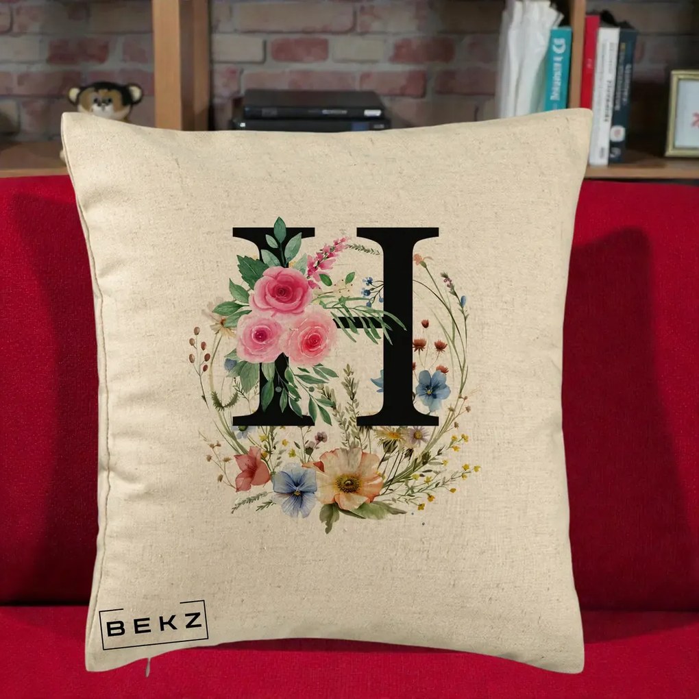 Cadou Personalizat - Perna Personalizata Monogram Litera H cu Flori Acuarela, 40x40 cm, Bej, Husa Detasabila, Perna Inclusa, BEKZ®