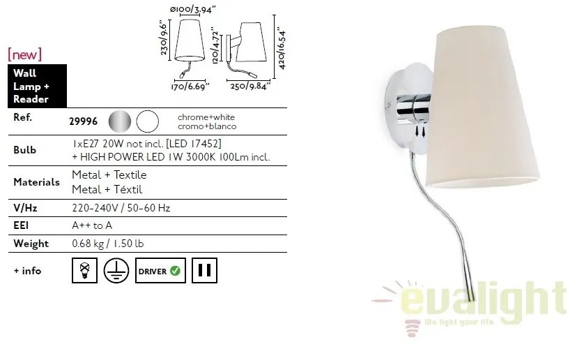 Aplica de perete cu reader LED LUPE 29996