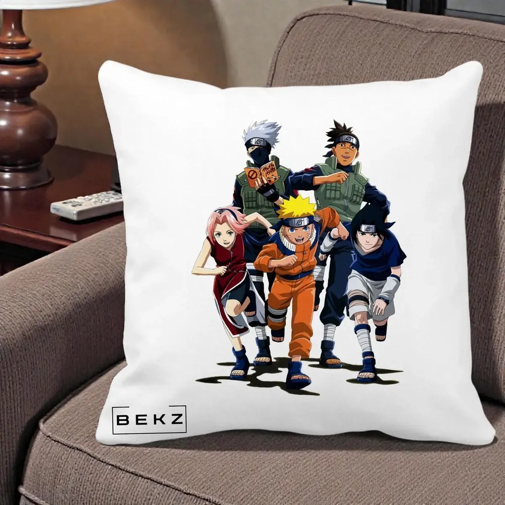 Perna Personalizata Naruto Echipa 7 Kakashi Sensei, 40x40 cm, Alba Mata, Husa Detasabila, Perna Inclusa, BEKZ®