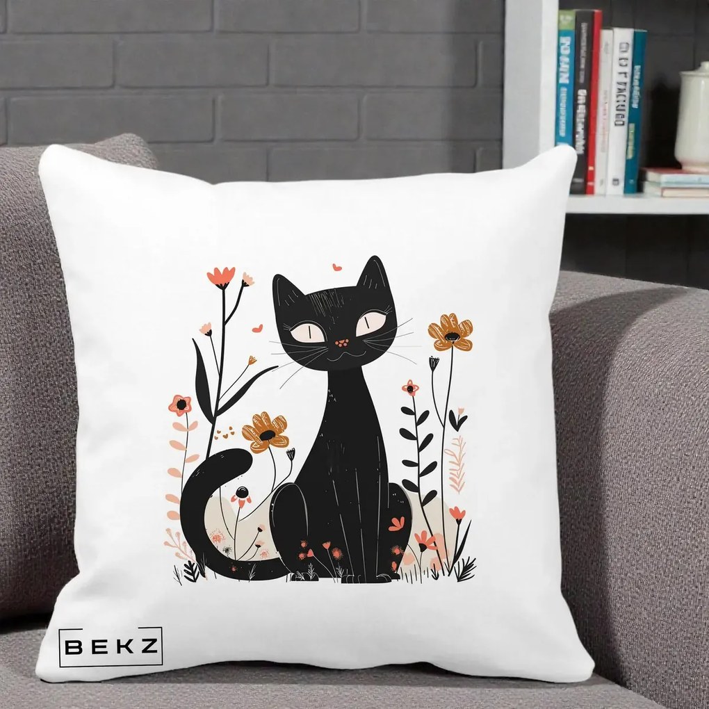 Perna Decorativa Pisica Neagra Flori Pastel Folk, 40x40 cm, Alba Mata, Husa Detasabila, Perna Inclusa, BEKZ®