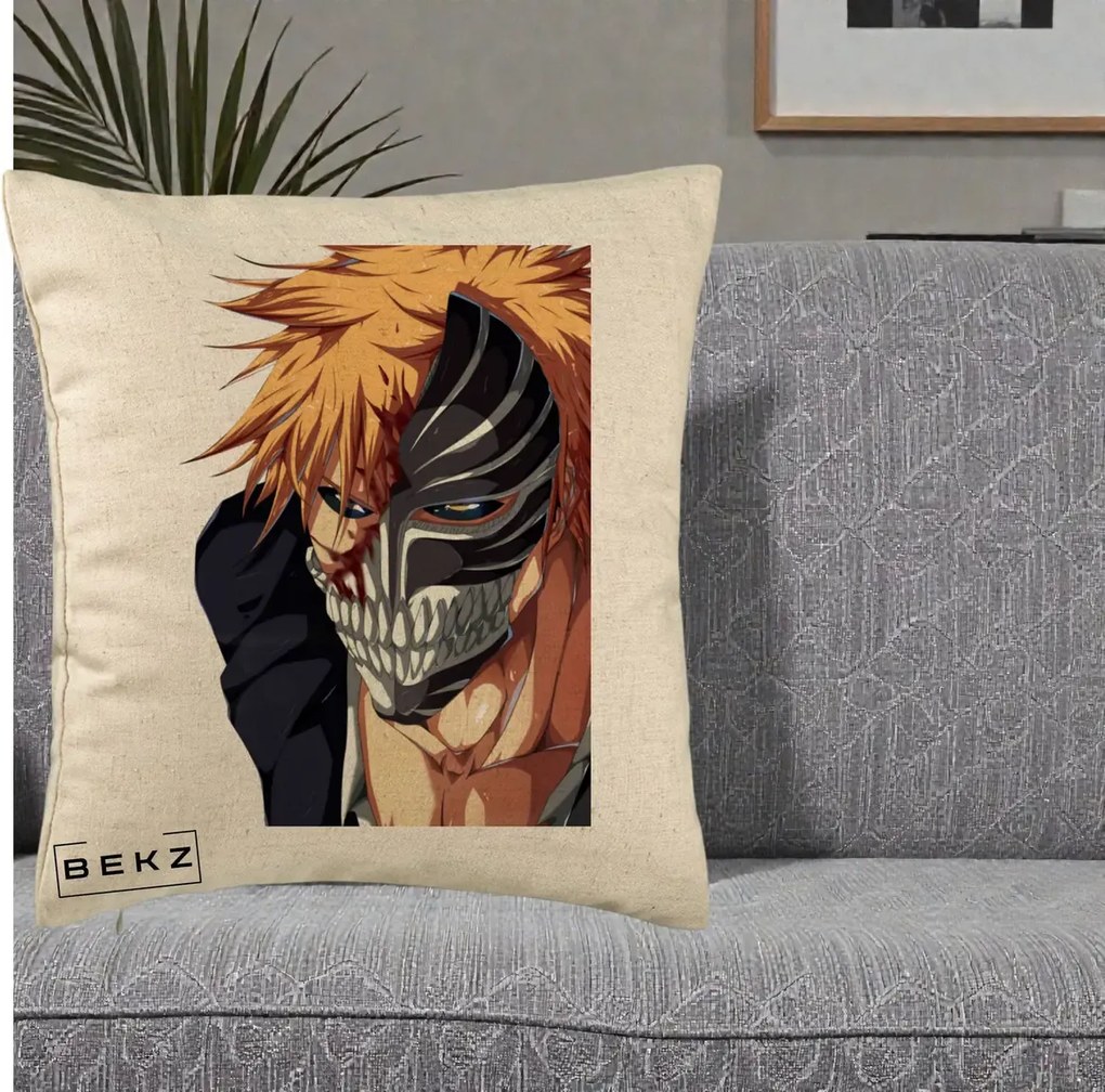 Perna Personalizata Bleach Ichigo Masca Hollow, 40x40 cm, Bej, Husa Detasabila, Perna Inclusa, BEKZ®