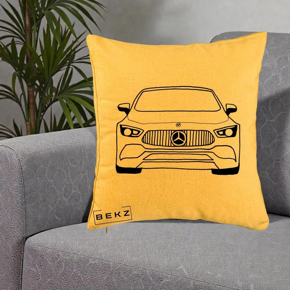 Perna Personalizata Mercedes-Benz Fata Linie, 40x40 cm, Galben, Husa Detasabila, Perna Inclusa, BEKZ®