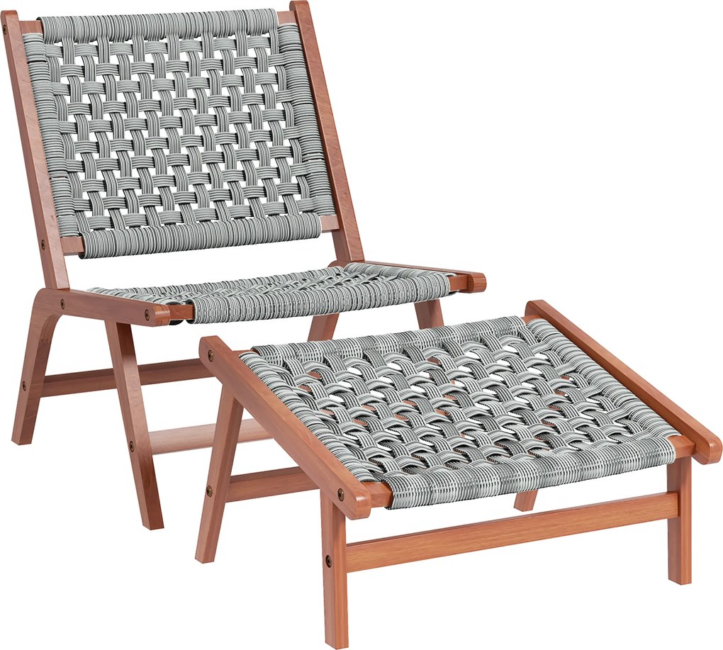 Outsunny Fotoliu de gradina cu suport pentru picioare - fotoliu de relaxare din lemn de acacia si rachita din polipropilena - natural, gri | Aosom Romania