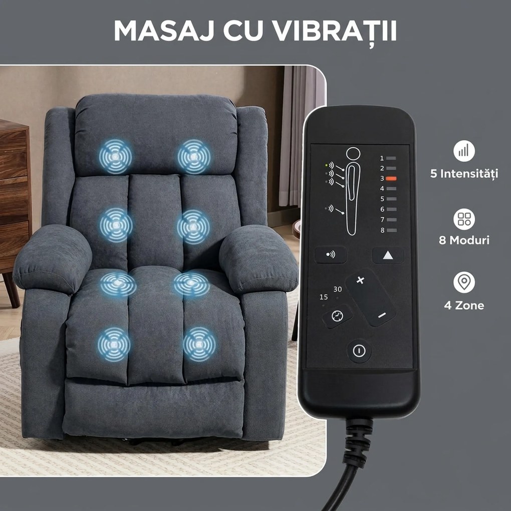 HOMCOM Fotoliu Electric cu Ridicare și Reclinare 135° în Material Textil Efect In cu Suport Picioare, Gri Închis | Aosom Romania