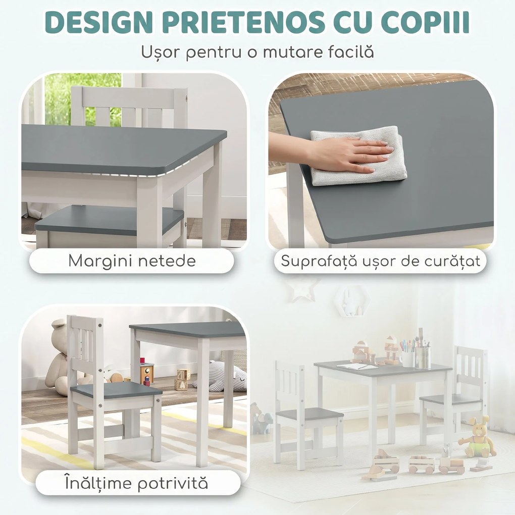 AIYAPLAY Set Măsuță și Scaune pentru Copii 3-8 Ani din Lemn Gri și Alb | Aosom Romania