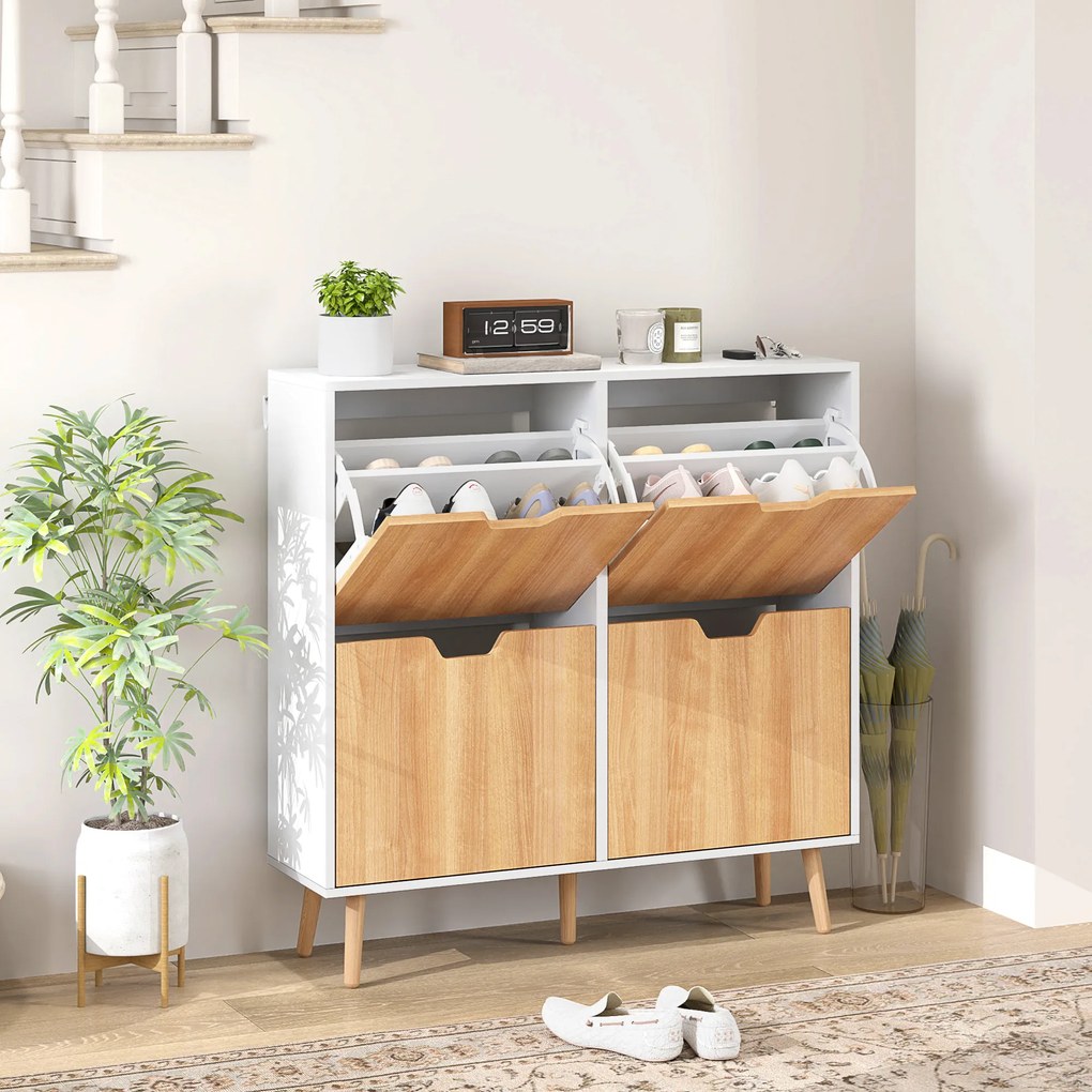 HOMCOM Dulap pentru pantofi 4 uși rabatabile 16 perechi cu etajeră reglabilă picioare din lemn de pin 95 x 26 x 95 cm natural | Aosom Romania