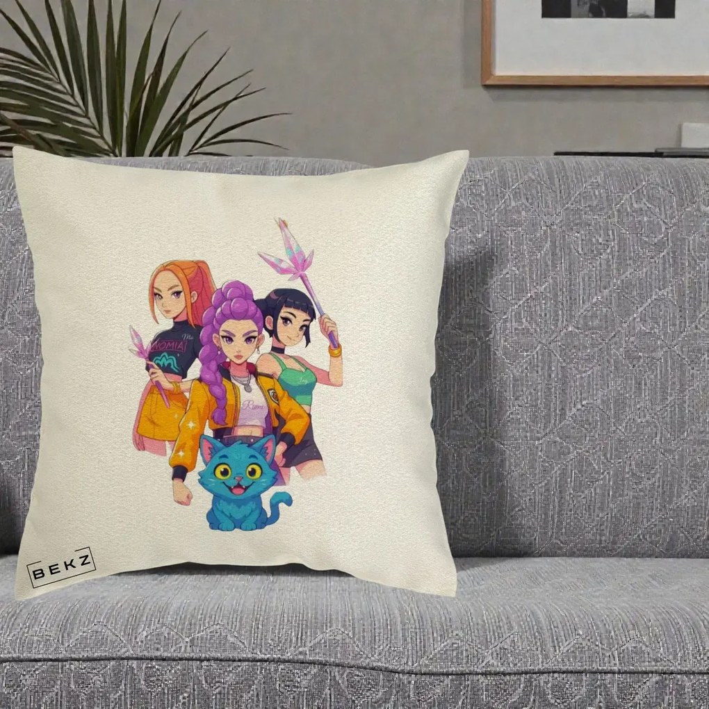 Perna Personalizata K-pop HUNTRX Trio cu Pisica si Cristale, 40x40 cm, Ecru, Husa Detasabila, Perna Inclusa, BEKZ®