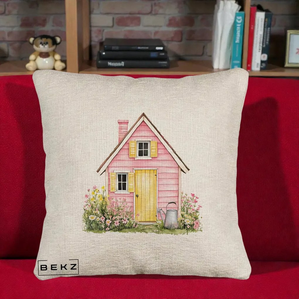Perna Decorativa Casuta Roz Acuarela cu Gradina, 40x40 cm, Bej Canapea, Husa Detasabila, Perna Inclusa, BEKZ®
