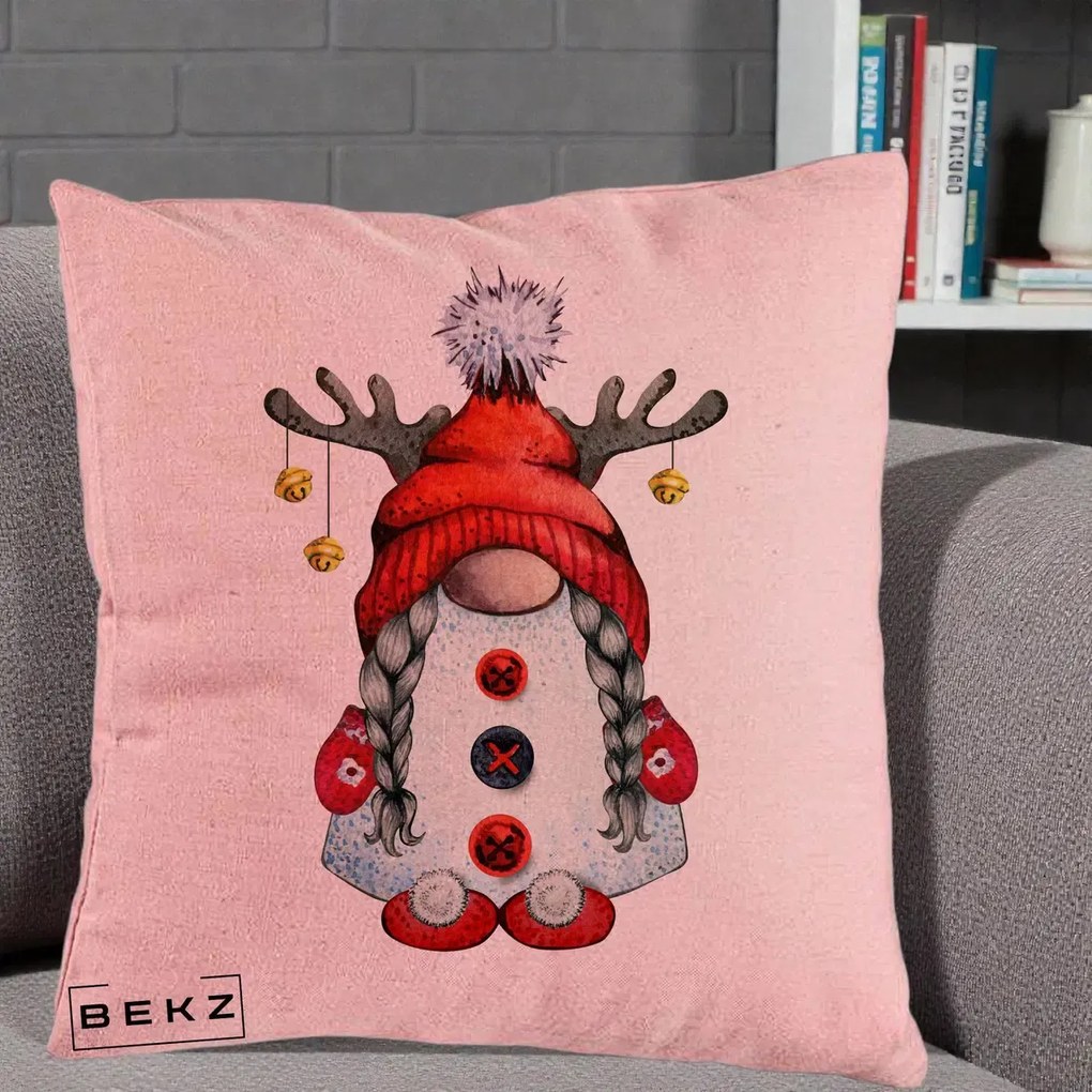 Perna Decorativa Pitic Gnom Craciun cu Coarne de Ren, 40x40 cm, Roz, Husa Detasabila, Perna Inclusa, BEKZ®