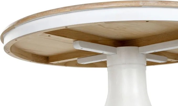 Masă dining rotundă din lemn de ulm, natur, 4–5 locuri, cu picior central strunjit, 76 x 120 cm, „Amely”