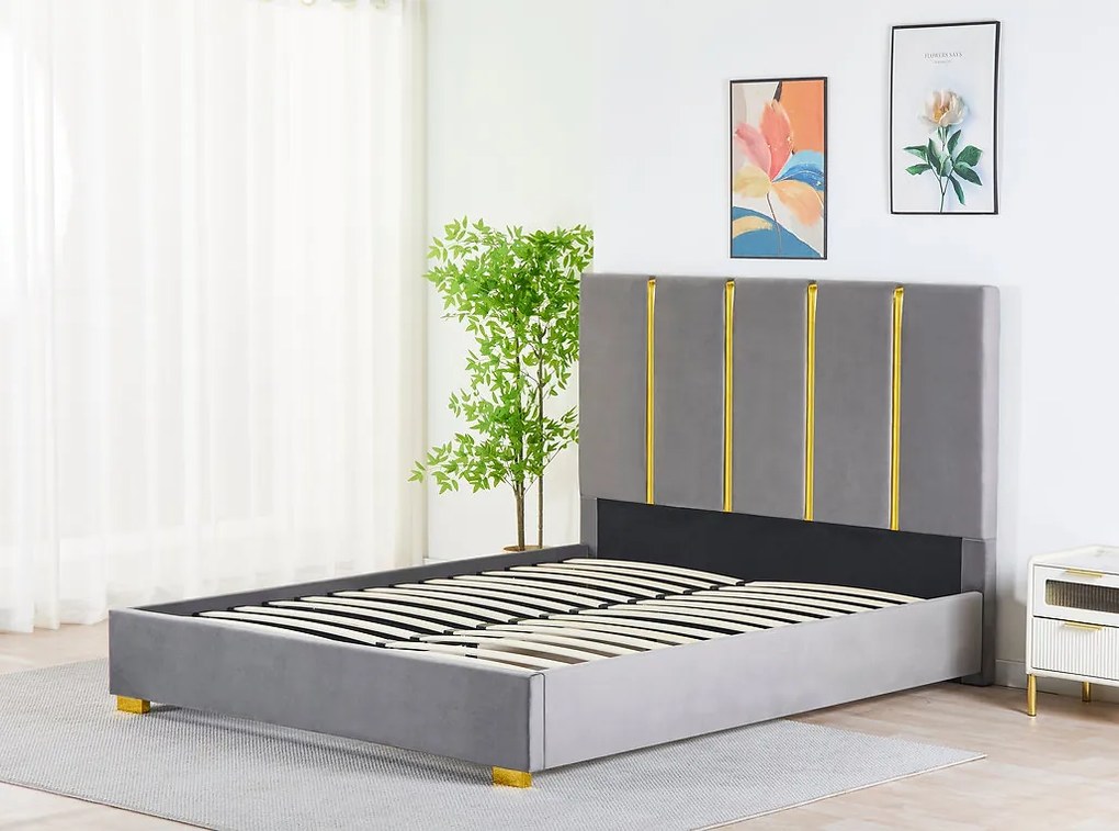 Pat Tapitat Catifea Gri 160x200 cm cu Somiera si Saltea  Inclusa ,   Cod LB-214