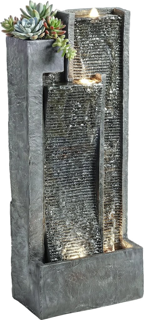 Outsunny Fântână 3 trepte pentru grădină cu iluminare LED, ghiveci, pompă, aspect piatră, reglabil 38 x 19 x 101 cm | Aosom Romania