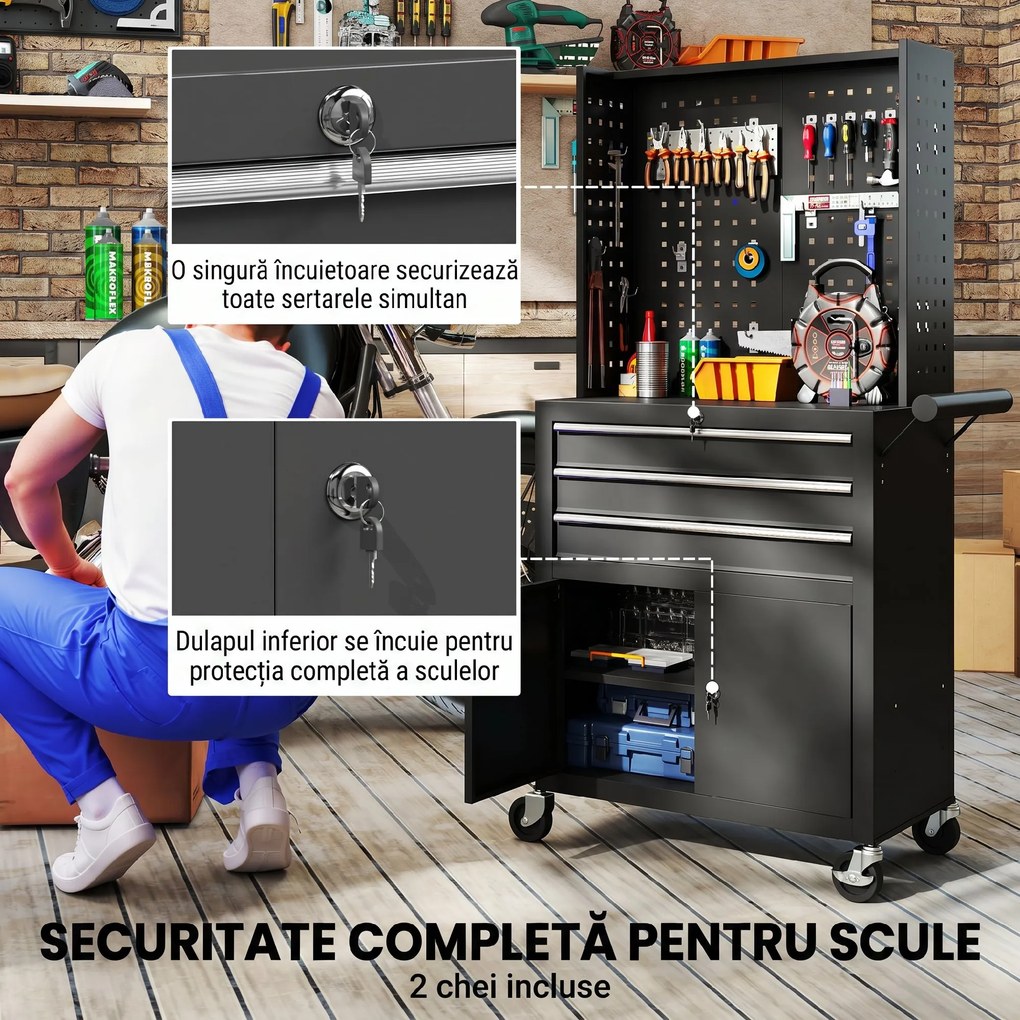 HOMCOM Cărucior de Scule din Oțel cu Blat de Lucru, 3 Sertare, Dulap, Panouri Perforate, Roți, Negru | Aosom Romania
