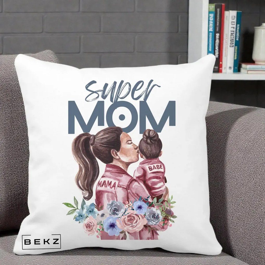 Cadou pentru Mama - Perna Personalizata Super Mom Mama cu Bebelusul, 40x40 cm, Alba Mata, Husa Detasabila, Perna Inclusa, BEKZ®