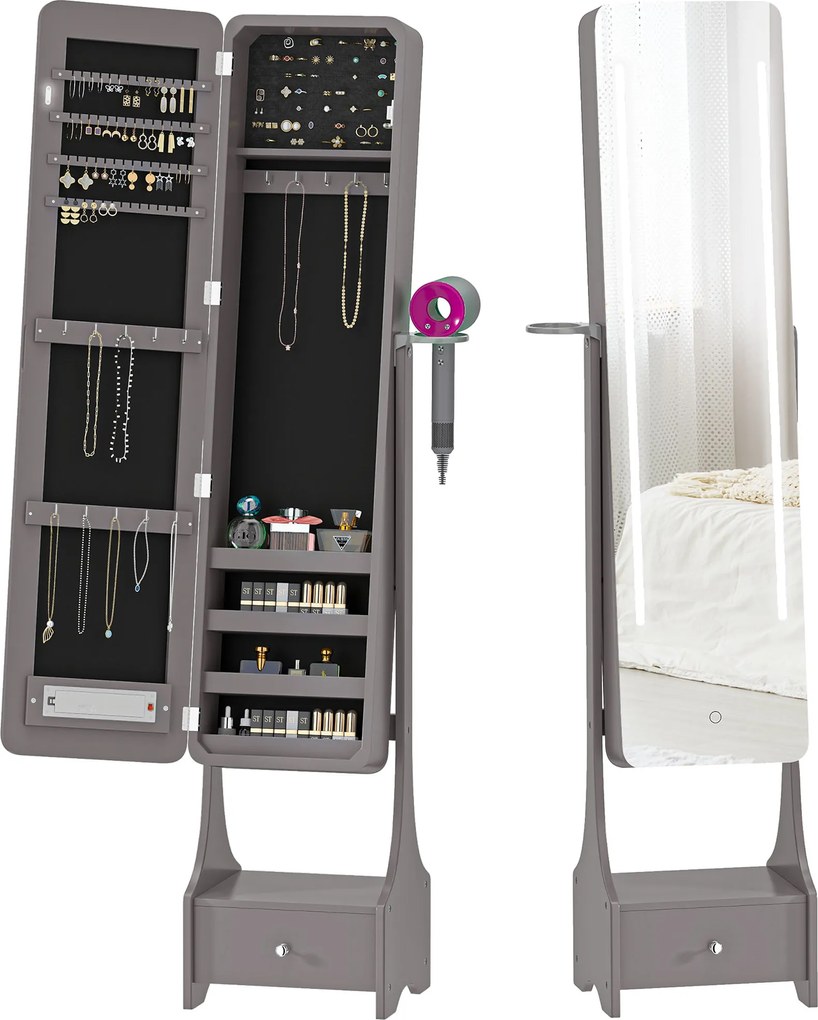 HOMCOM Oglindă-dulap pentru bijuterii cu lumini LED Dulap bijuterii cu oglindă full-length reglabilă pe unghi Sertar Oprire automată a luminilor Gri | Aosom Romania