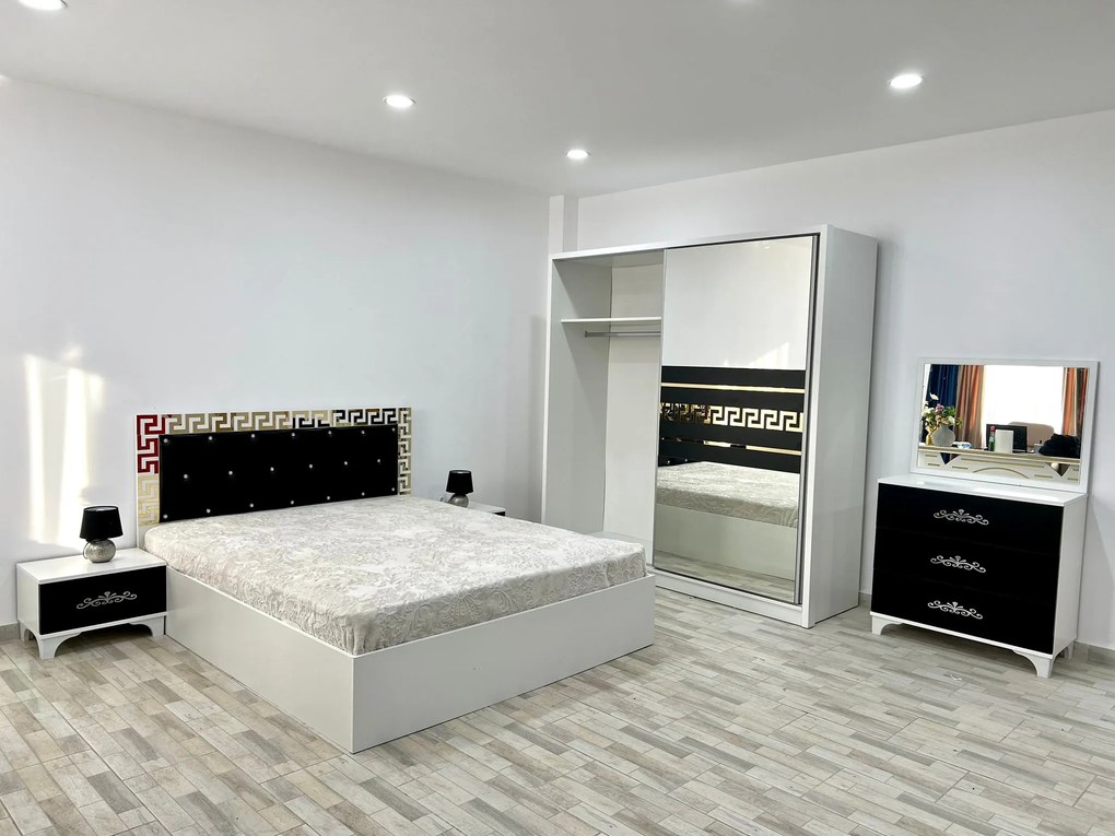Dormitor Palermo, culoare alb / negru, cu pat tapitat 160 x 200 cm, dulap cu 2 usi, comoda cu oglinda, 2 noptiere