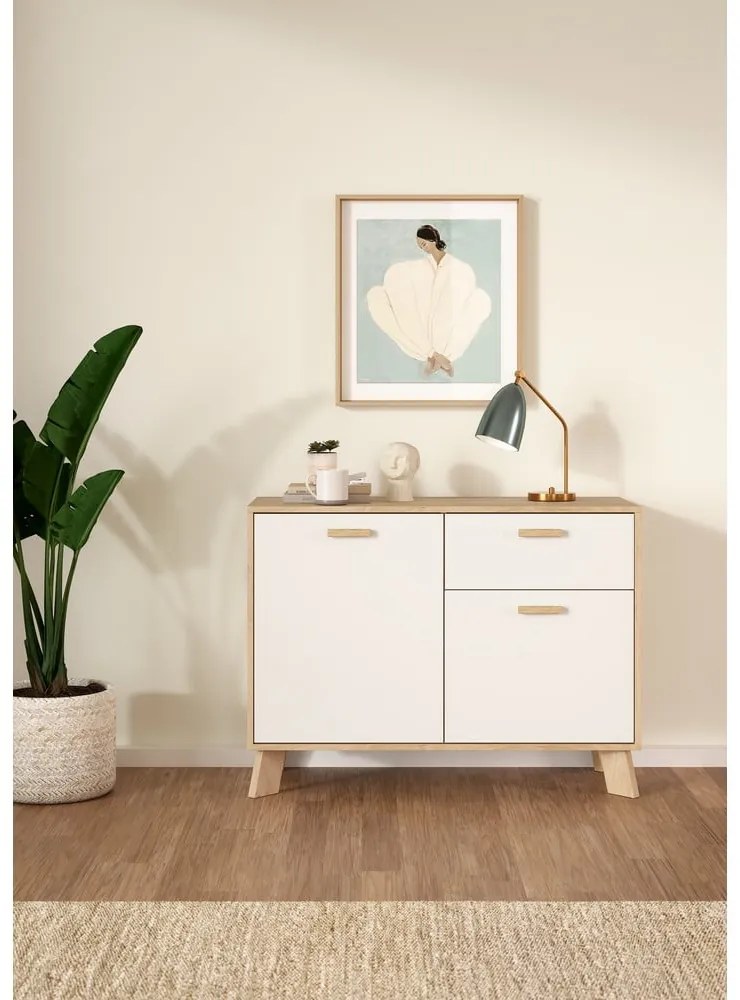 Comodă albă-în culoare naturală cu aspect de lemn de stejar 99x73x39 cm Ikast – Tvilum