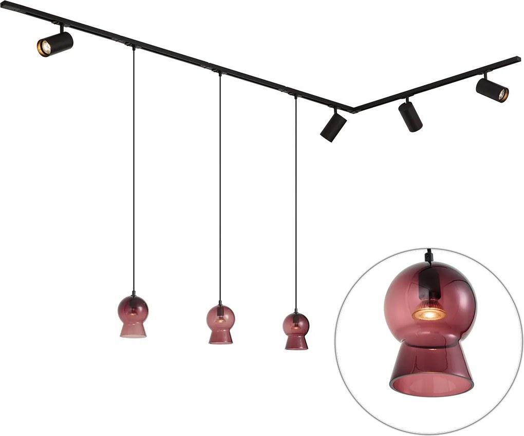 Sistem de șină modern negru cu 4 spoturi și 3 pendule violet monofazate - Iconic Bell Jeana Luxe