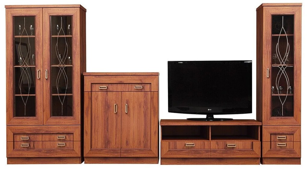 Mobilă pentru sufragerie Stanton B119Stejar vârstă, Cu comodă tv, Cu componente suplimentare, Părți separate, PAL laminat, Sticlă, 191x344x50cm, 209 kg
