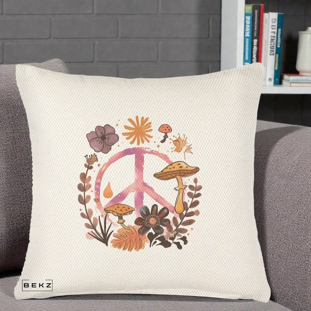 Perna Decorativa Peace Ciuperci Boho, 40x40 cm, Crem Reliefat, Husa Detasabila, Perna Inclusa, BEKZ®