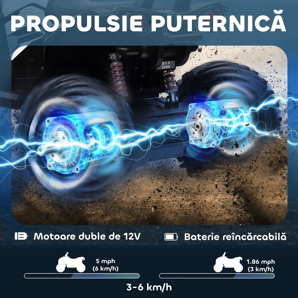 HOMCOM Quad Electric pentru Copii 3-5 Ani 12V, 3-8km/h Mini Quad pentru Copii cu 2 Motoare, Muzică, MP3, Conector USB, Card TF, Faruri și Pedală, Alb | Aosom Romania
