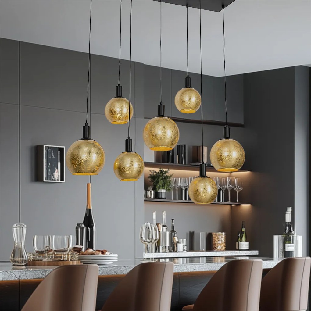 Lampă suspendată de design neagră cu sticlă aurie 7 lumini - Bert