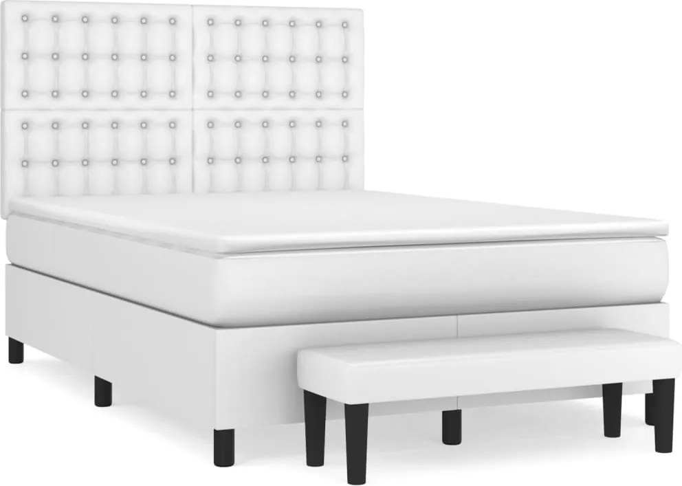vidaXL Pat box spring cu saltea, alb, 140x200 cm, piele ecologică