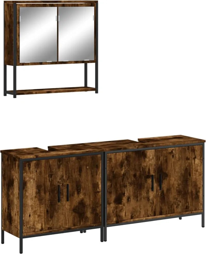 vidaXL Set mobilier de baie, 3 piese, stejar fumuriu, lemn prelucrat