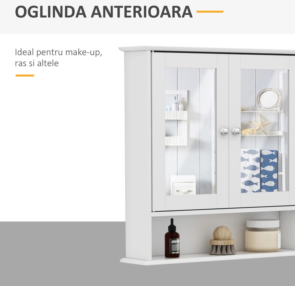 Kleankin Dulap de Baie cu Oglindă, Spațiu Depozitare, 56x13x58 cm, Design Modern, Alb | Aosom Romania